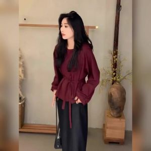 YUFUQING | Ankela Red Shirt Womens Autumn 2024 New Style Belted Waist Design Unique Beautiful Top Quality Polyester Fiber Long Sleeve Round Neck