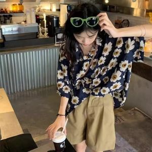 Áo Sơ Mi Nữ Tay Ngắn Rộng Rãi Họa Tiết Hoa Phong Cách Nhật Bản Cổ Polo Mùa Hè 2024 Áo Sơ Mi Cao Cấp Cho Thanh Thiếu Niên