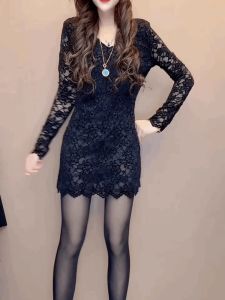 V-Neck Lace Embroidered Flocking Midi Dress Womens Small Fragrance Style Hollow out Slimming Base Dress Short Womens Dress