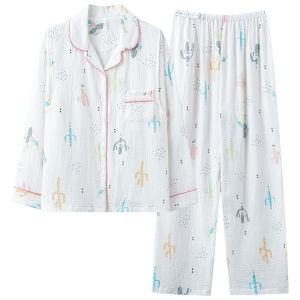 miiow | Pure Cotton Gauze Summer Thin Maternity Nightgown Nursing Home Clothes Sweat Absorbent Long Sleeve Cartoon Cute Style Sleepwear