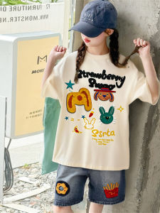 Girls Summer Outfit Short Sleeve T-Shirt And Shorts Two Piece Set Korean Style Cotton Blend Fabric Breathable Lightweight Wearable