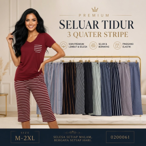 Women Seluar Tidur 3/4 Stripe Sleep Pants Soft Cotton Elastic Waist Lounge Pants M-2XL