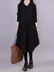 Loose Long Sleeve Hoodie Dress Mid-Length Large Pockets Spring Autumn New Style plus Size Womens Clothing Casual A-Line Skirt