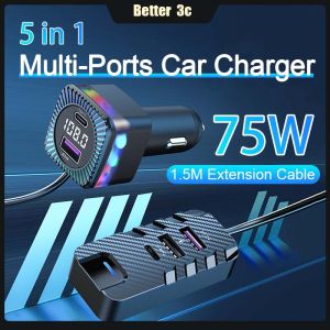 5 in 1 Multi-Ports Expansion Fast Charging Car Charger Adapter With 1.5M Extension Cable Bluetooth 5.3 HD MP3 Music Player FM Transmitter With RGB Ambient Light