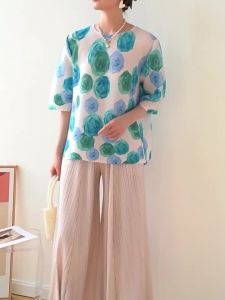 3917 One Size (45-75kg) Summer Miyake Pleated Round Neck Plus Size Loose Casual Versatile Printed T-Shirt