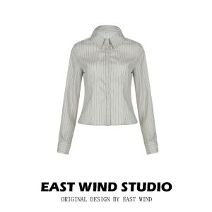 EAST WIND Casual Striped Polo Collar Shirt Women Slim Fit Street Style Long Sleeve Short Length Polyester Outerwear Top