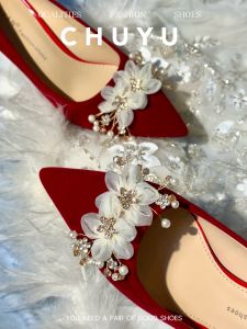 Red Wedding Shoes New Style Chinese Cheongsam High Heels Women Pointed Toe Semi Open Mouth Wedding Gown Rhinestone Single Shoes