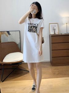 Pure Cotton Short Sleeve Womens Retro Cartoon T-Shirt Dress Knee-Length Loose Slimming Midi Dress Casual Style Summer Wear