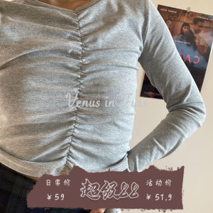 Spring Summer Slim Fit round Neck Short Sleeve Long T-Shirt Womens Pure Color Base Shirt Vintage Gathered Chest Design