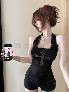 Fashionable American Style Halter Neck Backless Sleeveless Womens Vest Summer Trendy Top Neck Hanging Strap Design Short Length