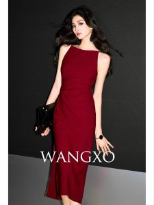 WANGXO | Đầm Quai Xệ Vải Voan Nếp Nhăn Có Khe Hở Bên