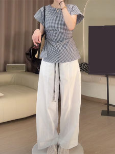 Shalldoer | Laid-back Casual Suit New Summer Plaid Tie-up Short Sleeve Shirt Straight Leg Pants