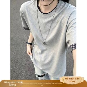OUMULONG | Áo Thun Hai Mảnh Sọc Kẻ Carô Ảo Giả Cổ Ngắn Tay