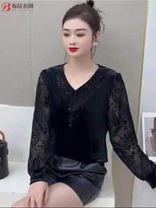 Chic Mommy Spring Autumn New Style V-Neck Sequin Velvet Patchwork Base Layer Ladies Slimming Top Long Sleeve Commute Wear