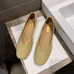 Giày Đơn Đế Phẳng Da Mềm Cho Nữ Mùa Thu Phong Cách Hàn Quốc Đế Cao Su Màu Đen Thường Ngày Mũi Vuông Đế Bằng