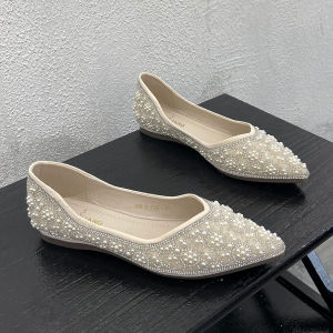 French Flat Bottom Single Shoes Womens 2025 New Spring Versatile Pearl Pointed Toe Soft Surface Soft Bottom Slip-On Womens Shoes