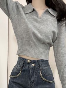 เสื้อสเวตเตอร์คอโปโลแขนยาวสีเทาหรูหรา ทรงสลิมฟิต สำหรับผู้หญิง ฤดูใบไม้ร่วง/ฤดูหนาว เสื้อชั้นในสเวตเตอร์ คอกลม แขนยาว ทรงสั้น