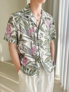 Lightly Mature Summer New Arrival Cuban Collar Loose Shoulder Shirt Men Hawaiian Style Ice Silk Drape Quick-Drying Flower Shirt
