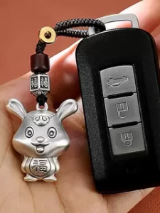 Pure Silver Rabbit Pendant Car Keychain Charm Cute Good Luck Rabbit Metal Pendant Womens Hanging Ornament Driving Essentials