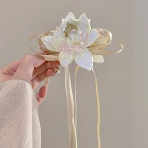 กิ๊บติดผมปักลายดอกบัวสไตล์ญี่ปุ่นและเกาหลีสำหรับผู้หญิง กิ๊บติดผมทรงฉลามหรูหราสไตล์จีนใหม่ กิ๊บติดผมแบบหน้าม้า ตกแต่งผม