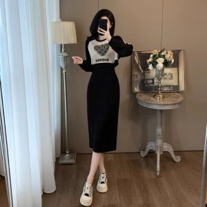 Casual Hoodie Dress Womens Spring Autumn High Waist A-Line Skirt Long Sleeve round Neck Mid-Length Over-Knee Slimming Belly Cover