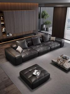 Top Layer Genuine Leather Sofa Italian Minimalist Luxury Wide Designer Living Room Straight Row Pixel Module Sofa