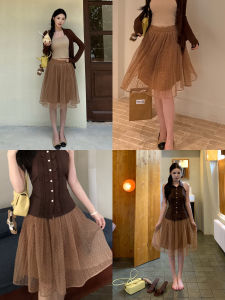 A-line Mid-length High-waist Polka Dot French Mesh Skirt