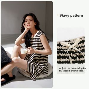 yuenei | Pure Cotton Summer Sleepwear Womens Sleeveless Vest Shorts Home Clothes Casual Wearable Outdoor Striped Loose Fit Nightgown