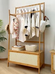 Bamboo Rak Baju With Cabinet Wood 80/90CM Penyangkut Baju Hanging Rack Hat stand Clothes Hanging Stand 带柜挂衣架