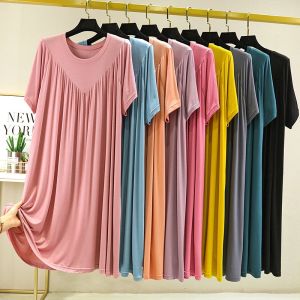 Loose Modal Dress Women Summer Thin A-Line Midi Dress round Neck Sleepwear Pleated Skirt Casual Home Wear Short Sleeve