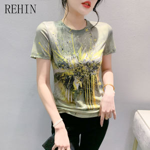 REHIN Summer new fashion unique pattern printing short-sleeved T-shirt round collar elegant womens top