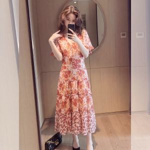 YIKEMAI | Floral French Style V-Neck Slimming Long Dress