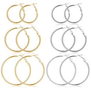 ต่างหูห่วงโลหะสีทองขนาดใหญ่ 3 คู่ ชุดต่างหูทรงกลมเรียบง่ายสำหรับผู้หญิง สีเงิน เครื่องประดับสำหรับใช้ในชีวิตประจำวัน
