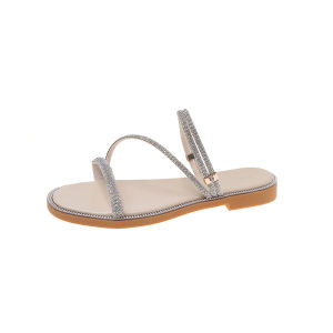 Womens Flat Sandals Summer New Outdoor Wear Water Diamond Slip-On Beach Unique Design Cross Buckle Flat Heel Sweet Style