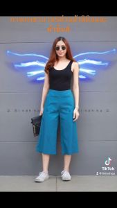 กางเกงขาบาน5ส่วนผ้าลินินและผ้ายีนส์ กางเกงขาบาน5ส่วนเรียบ