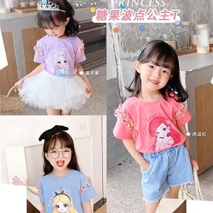 เด็กหญิงทารกแฟชั่นอากาศต่างประเทศร้อยจุดคลื่นที่มีสีสันตาข่ายเสื้อยืดการ์ตูนเจ้าหญิงน่ารักท็อปส์ซู