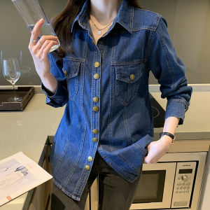 Blue Denim Shirt Womens Design Sensation Niche Spring Autumn French Vintage Layering Long Coat Polo Collar Single Button Closure