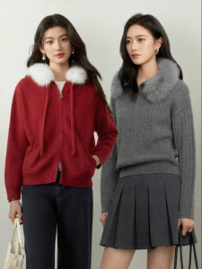 SEIFINI | Cloud-like Hooded Knit Cardigan Removable Fur Collar