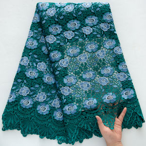 Premium African Guipure Cord Lace Fabric - Mesh Floral Pattern Turquoise Fuchsia Gold Scalloped Edge For Wedding Bridal Gown
