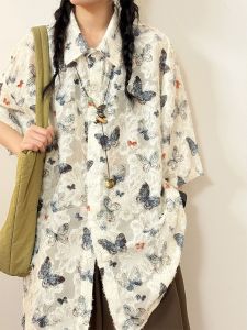 Áo Sơ Mi Tay Ngắn Dáng Rộng Phong Cách Mỹ Cổ Polo Mùa Hè 2025 Dành Cho Nữ Thiết Kế Tua Rua Bướm Cổ Điển Mới