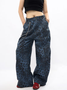 Retro American Style Distressed Leopard Print Workwear Wide Leg Pants Mens Loose Casual Floor-Length Trousers