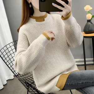 Áo Len Dệt Kim Dày Cổ Cao Giả Hai Mảnh Phong Cách Mùa Đông Thường Ngày Cho Nữ Áo Khoác Ngoài Rộng Rãi Dài Vừa Phải Cổ Bẻ Trang Phục Mùa Đông