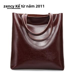 Túi Đeo Vai Nữ Zency Vintage Da Thật 100% Da Thật Màu Nâu Đen Túi Xách Tay Túi Mua Sắm Thời Trang Dung Lượng Cao Có Dây Kéo