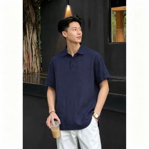 OUMULONG | Navy Blue Breathable Linen Polo Shirt Sophisticated Menswear