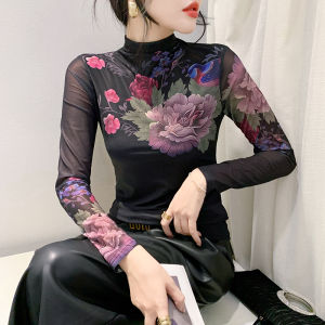 YIMEI Long sleeved stretch mesh top with a premium feel base shirt for womens autumn and winter new high-end printed European T-shirt