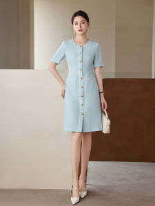 Blue Small Fragrance Style Suit Dress Womens Elegant Hostess Short Sleeve V-Neck Commute Polyester Fiber Summer Dress