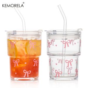 Ly Thủy Tinh Dày 380ML (1/2 Cái) Có Nắp Hình Nơ Hồng Và Ống Hút Thủy Tinh Thân Thiện Với Môi Trường Hình Tròn Dùng Cho Cà Phê Đá Trà Sữa Đồ Uống Lạnh