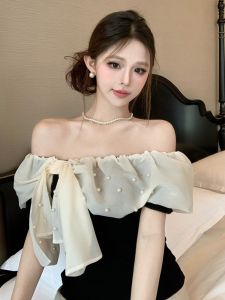 GUZILIAN | Summer Pure Desire Womens Butterfly Knot Embellished Chiffon Off-Shoulder Short-Sleeve Shirt Casual Fit Stylish Top