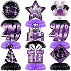 40th Birthday Decorations 9 Pcs Birthday Centerpiece Table Decoration Happy Birthday Honeycomb Centerpieces Purple and Silver Party Honeycomb Decorations Birthday Table Toppers for Girls Kids Men Women Party Supplies
