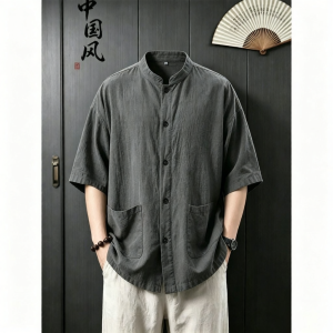 Mandarin Style Light Cotton Linen Shirt 7/8 Sleeve